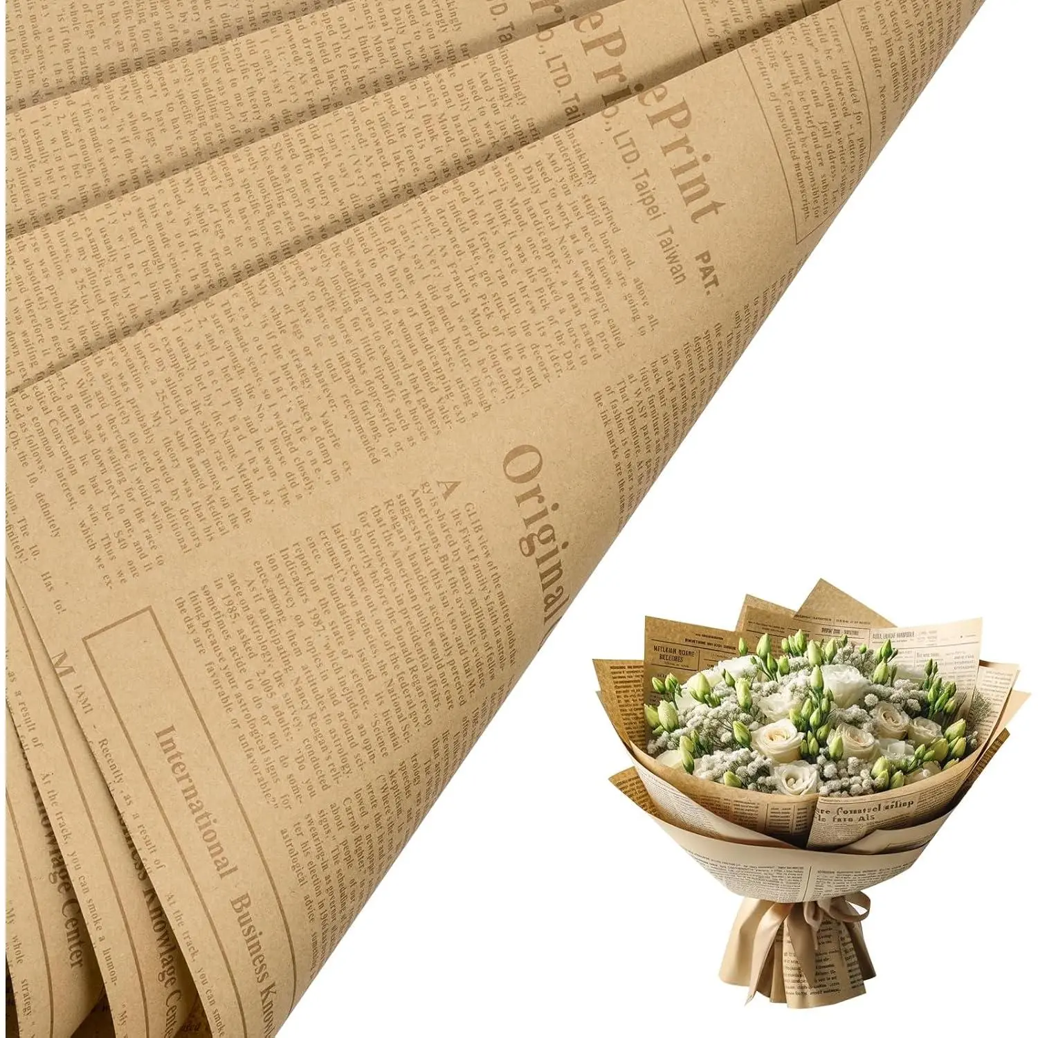20 Sheets Reversible Newspaper Flower Wrapping Paper - Brown Font Newsprint Design Craft Paper Gifts & Wrapping for Florists, Weddings, DIY Projects