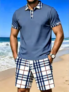 Men's Summer Short Sleeve Polo Shirt and Plaid Shorts Set, Blue Casual Beach Vacation Clothing, Slim-Fitting Design Tee