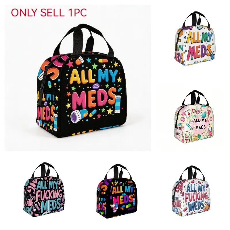 Printed Insulated Storage Handbag, Portable Aluminum Foil Lining Pouch, Medicine Health Food Travel Organizer Bag, Cooler Bag