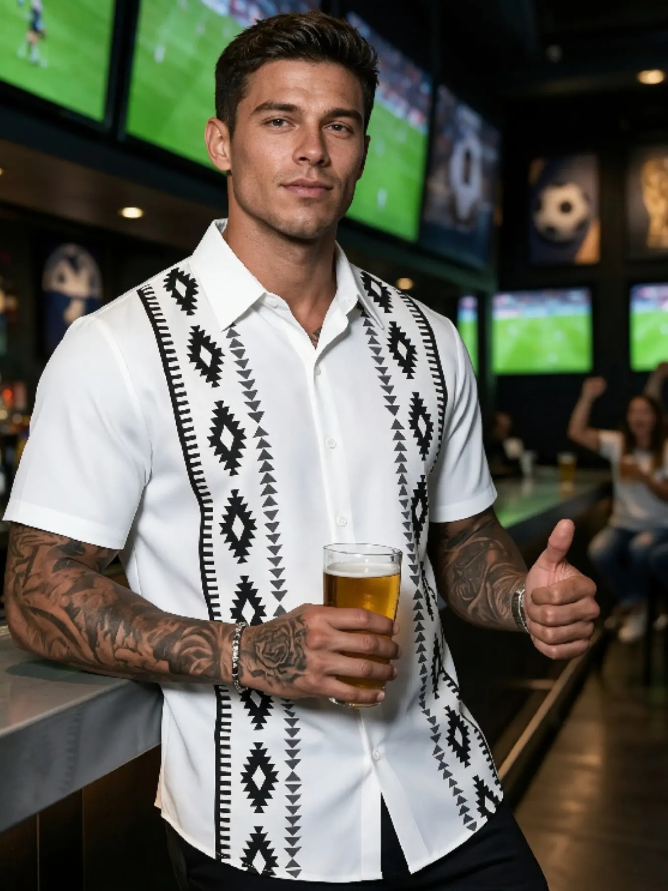 Men Aztec Geometric Vertical Print Short Sleeve Button Down Shirt Sublimation Fabric Regular Fit Turn Down Collar Stretchy Breathable Summer Urban Street Daily Casual Outdoor Travel Wear For Adult Males