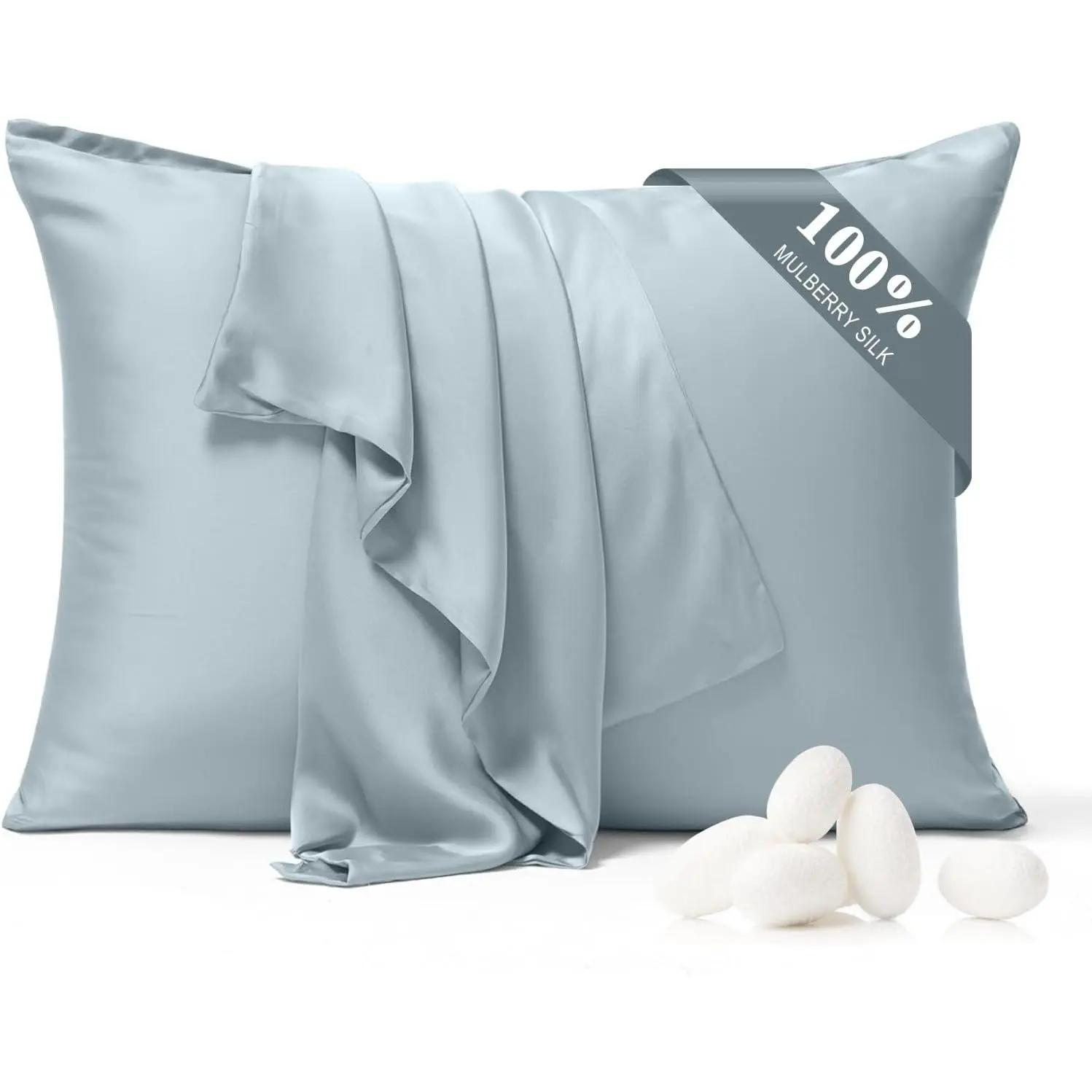 100% Pure Silk Pillowcase 2 Pack for Hair and Skin, Both Sides 23 Momme 6A+ Mulberry Silk Pillowcases with Hidden Zipper, Soft&Cooling Pillow (Ash Blue, Standard 20x26)