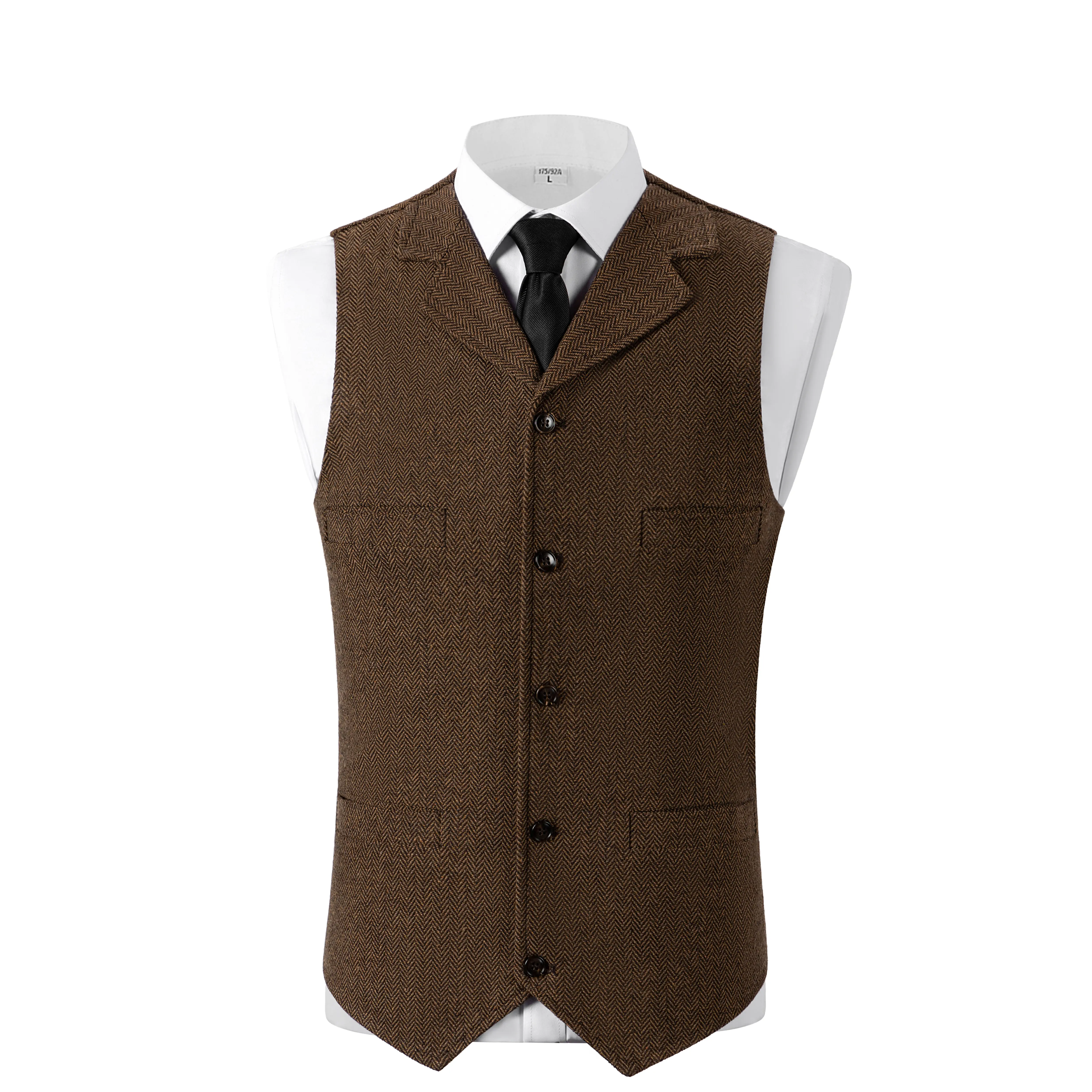 Men's Lapel Collar Herringbone Tweed Vest Vintage Notch Lapel Waistcoat For Wedding Business Party Beige Classic Design