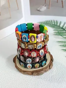 Natural Wood Bead Bracelet with Religious Saint Sticker, Elastic Stretch DIY Prayer Beads, Handmade Cross Wooden Bead Bracelet