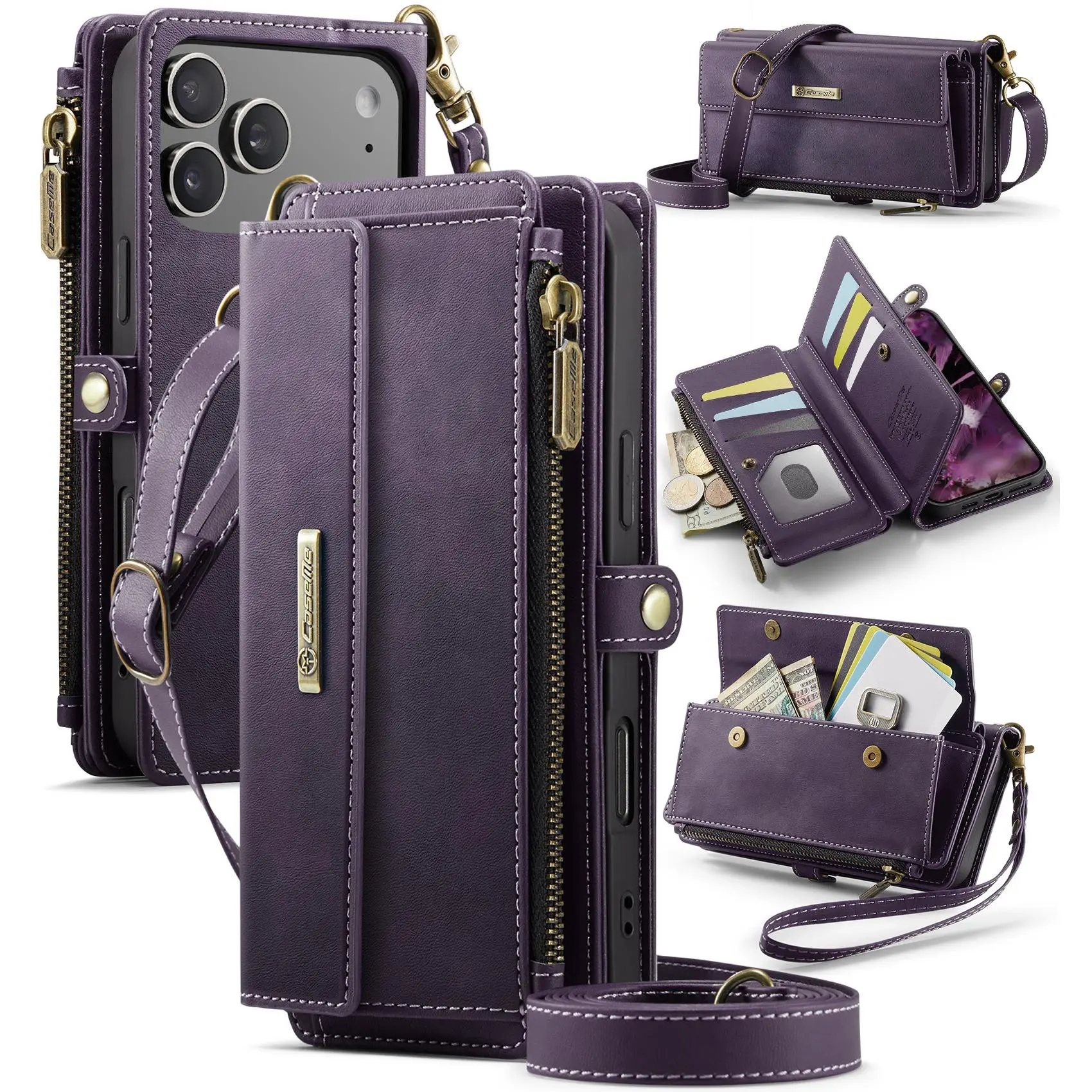 (Case & Nova.) Case Me C39 RFID Blocking Zipper PU Leather Crossbody Wallet Phone Case with   invisible stand  , Shockproof  Protective Cover for iPhone 17 Pro Max, 16 Plus, 15, 14, 13 & Samsung   galaxy  s23 series  s22-s26     Ultra other card