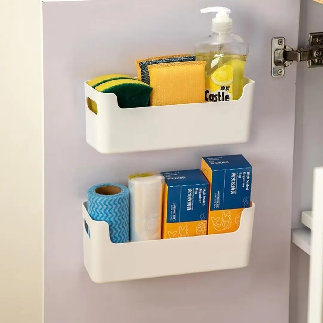 2 Pcs Kitchen Cabinet Door Organizer,Adhesive Mount Inside Cabinet Door Storage,Under Sink Door Storage Shelf for Kitchen,Bathroom,Office,Garage,Craft Room(White)