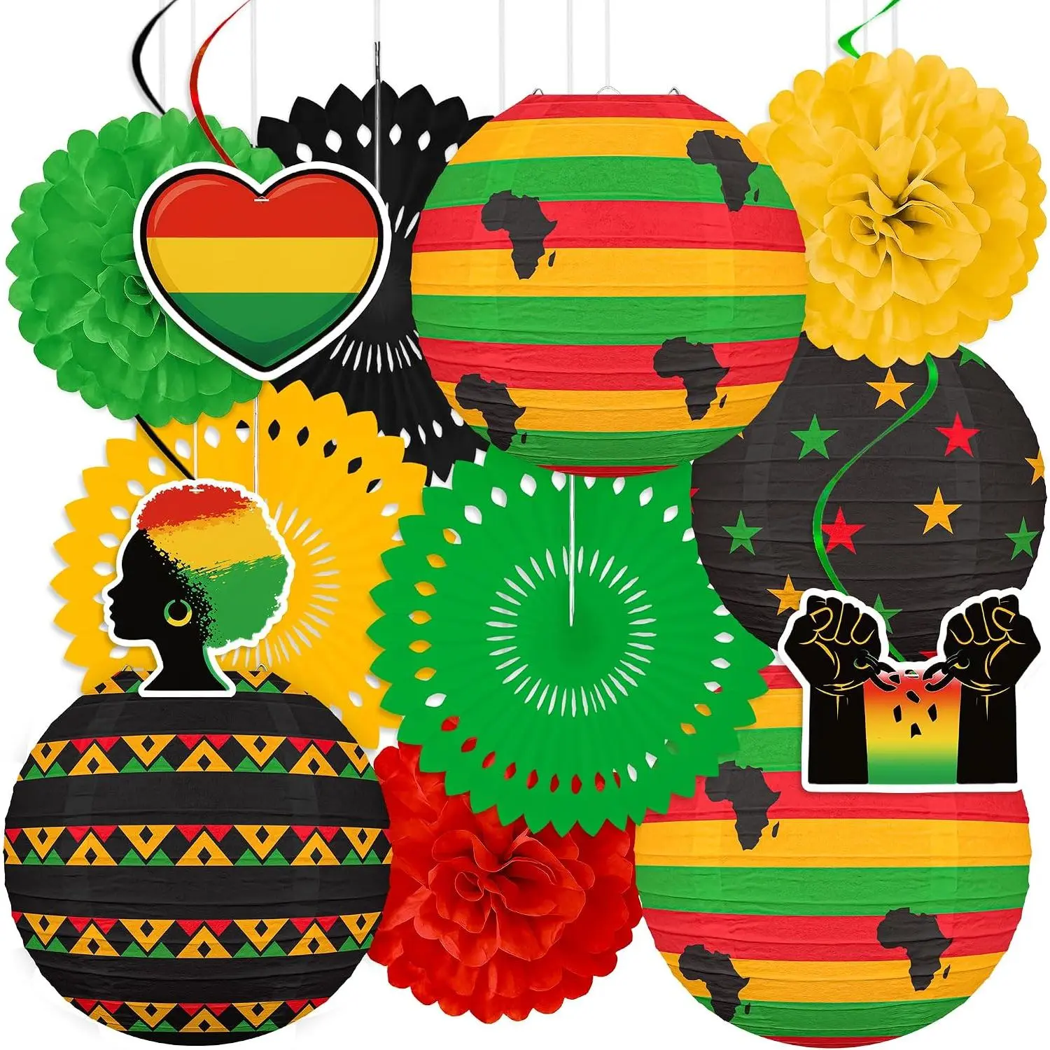 13 count Juneteenth Decorations Paper Lanterns Pom Poms  Swirls  Party Black History Month  Decor