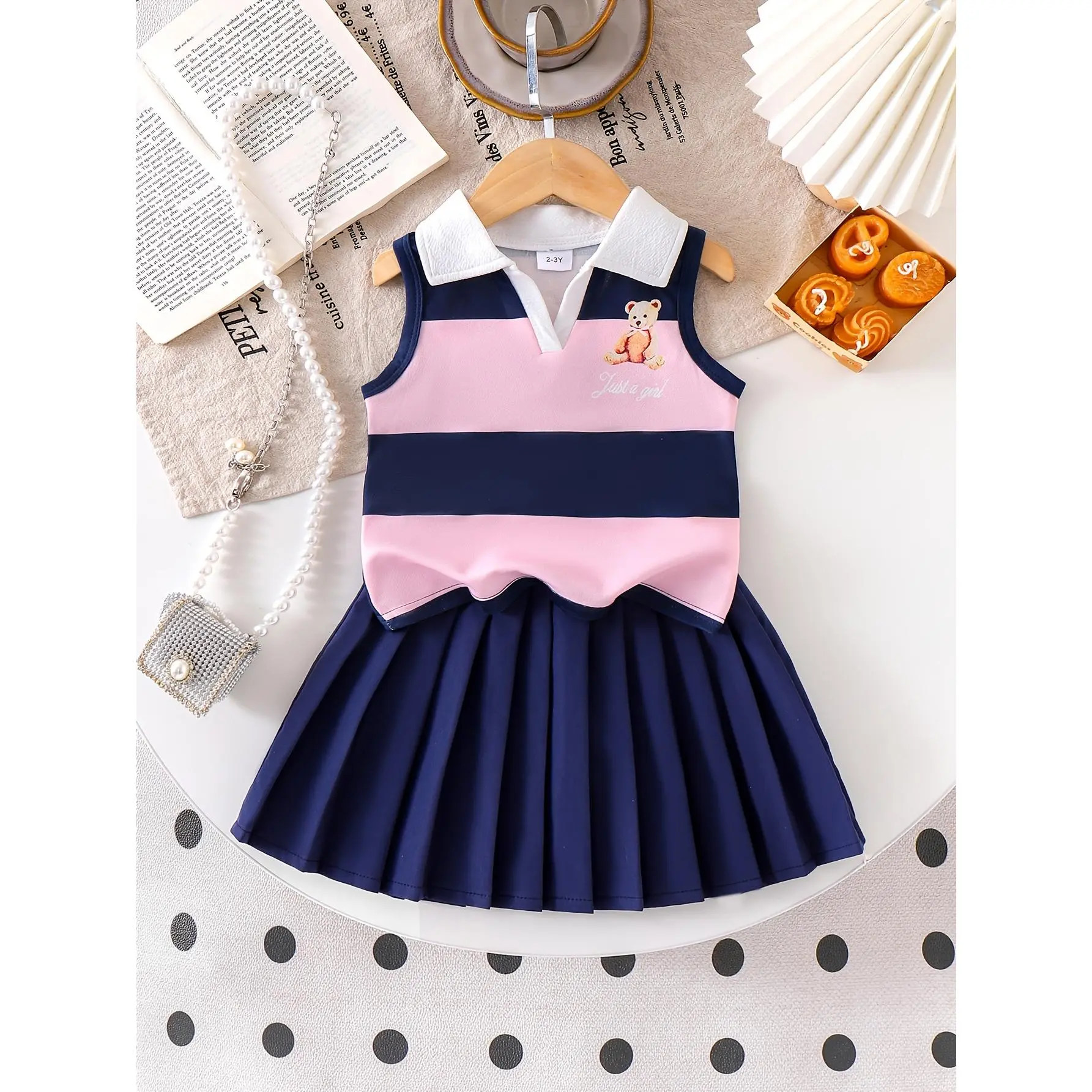 Girls' 2-Piece Summer Outdoor Cotton Outfit - Lightweight Breathable Sleeveless Striped Tank Top, Blue Pleated Skirt, Sweet Casual Matching Set, Ideal Gift for Girls
