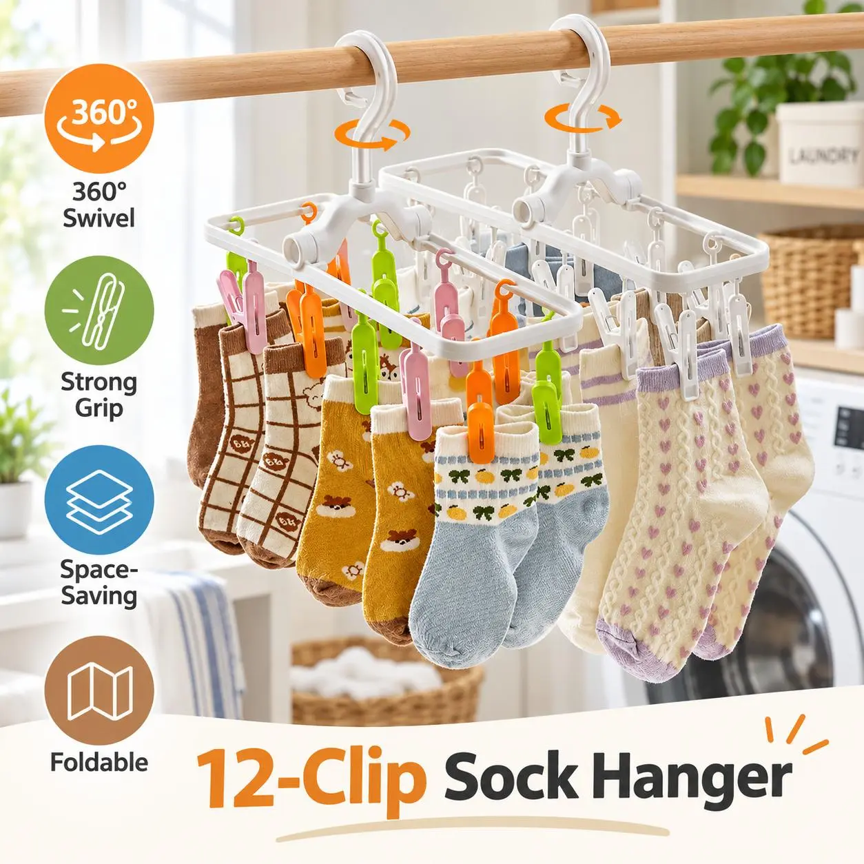 Plastic Foldable Multi-Clip Laundry Hanger with Hook - Windproof Drying Organiser for Hanging Socks, Underwear, Baby Clothes, Indoor & Balcony Use