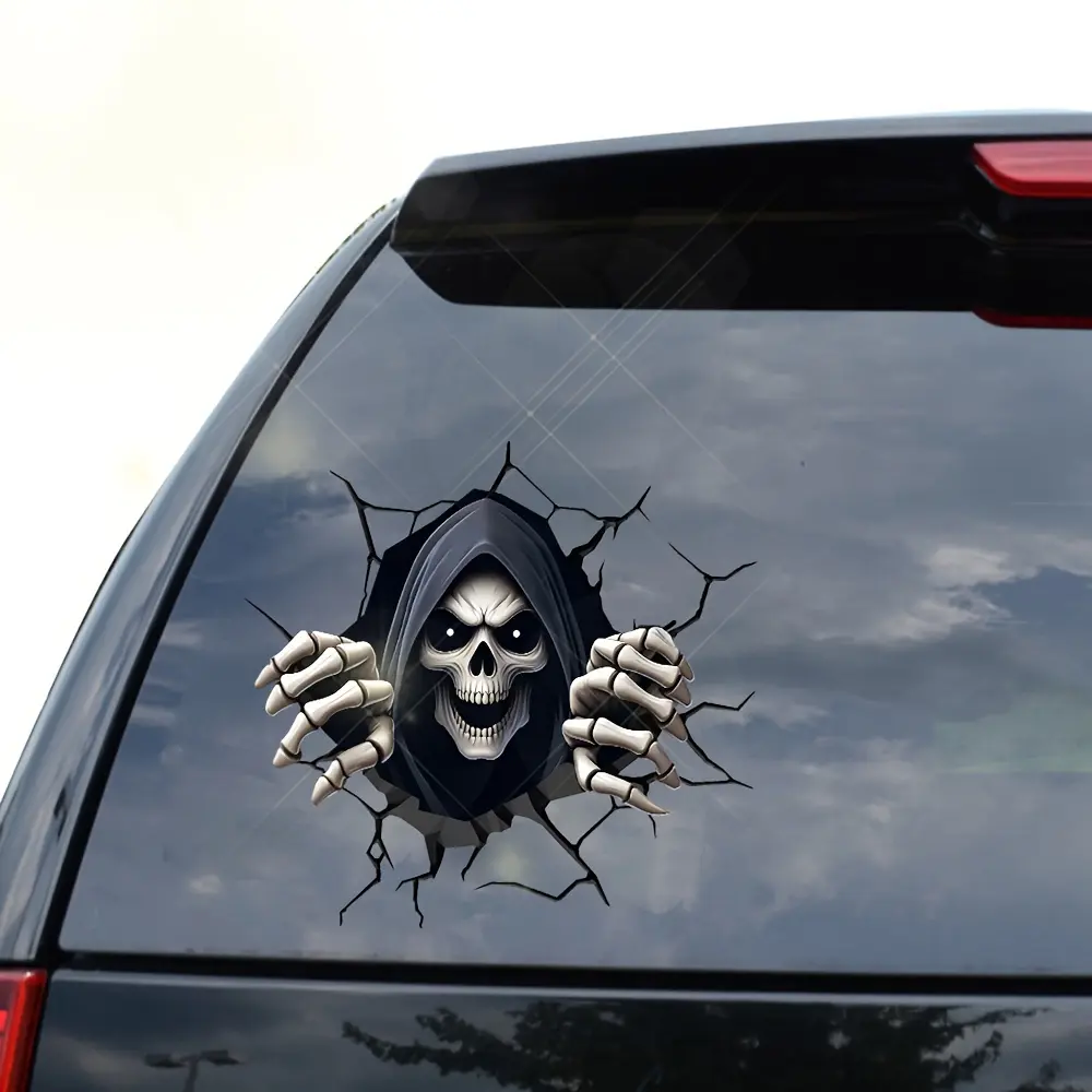 2D Horror Cute Skull Car Sticker - Double-Sided Peeping Crack Wall Sticker, High-Quality PVC Self-Adhesive, Ideal for Irregular-Edge Decoration of Vehicles, Laptops