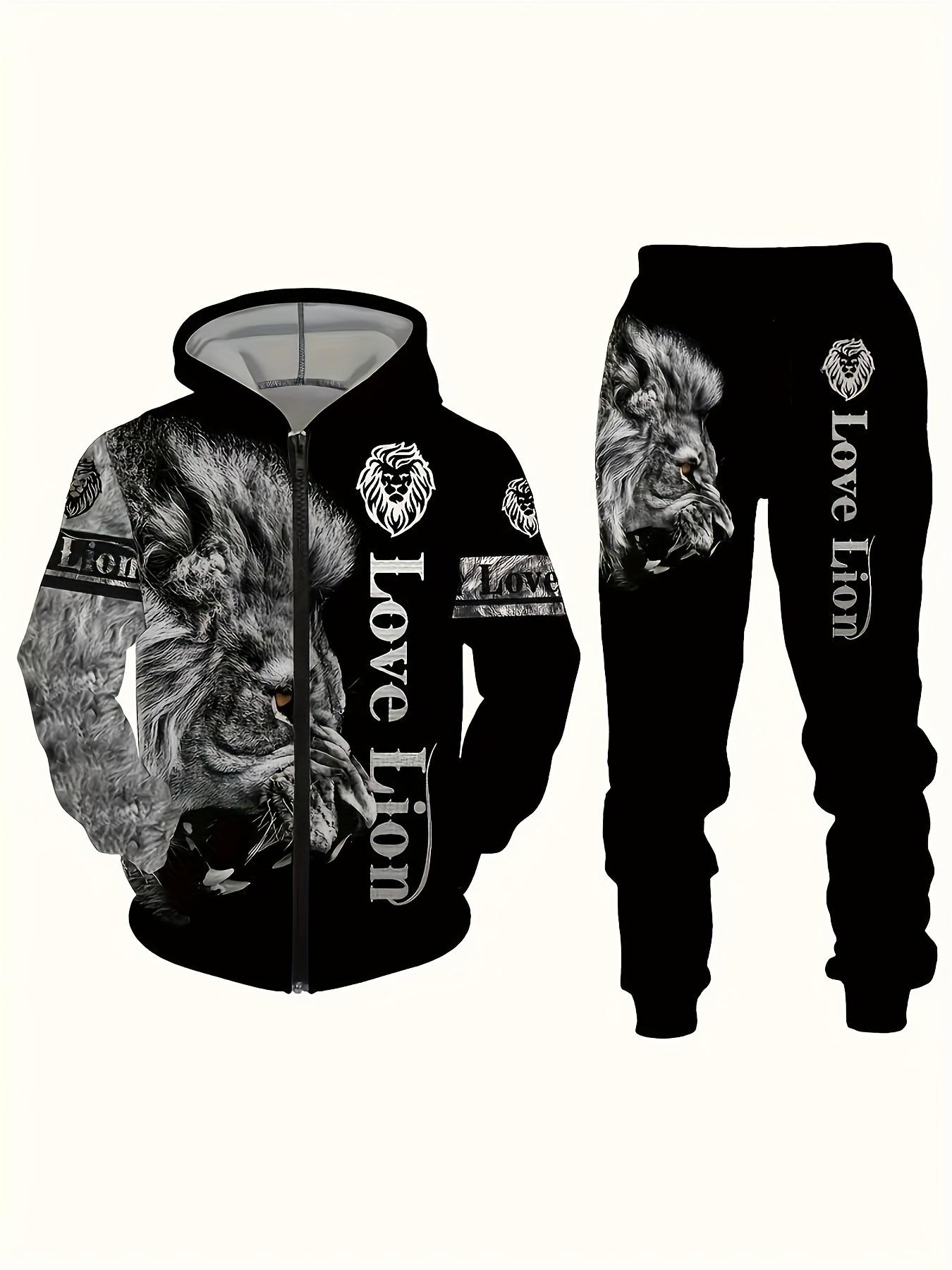 2-piece men's casual lion print hoodie and sweatpants set -3D digital animal pattern knitted sweatshirt hoodie+pants set
