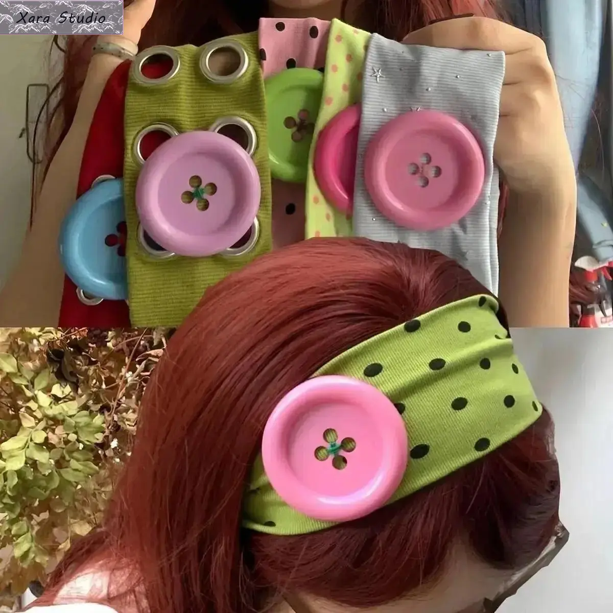 Summer Colorful Large Button Wave Dot Wide Elastic Headband for Women, Korean Ins Y2K Retro Blogger Same Style Trendy Cool Daily Hair Accessories