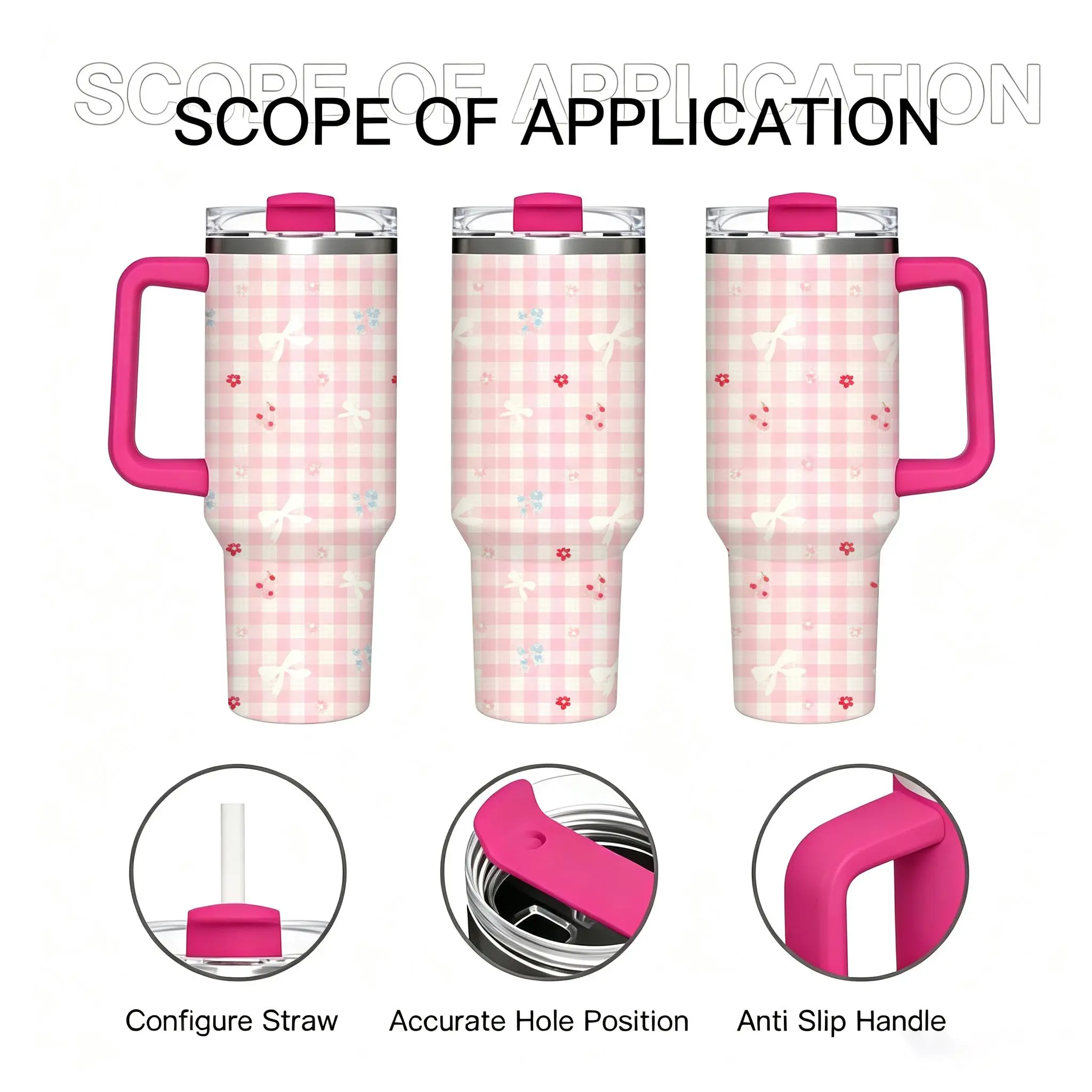 40Oz Stainless Steel Insulated Travel Cup - Pink Plaid with White Bow & Mini Floral Design, Handle & Straw Lid, Suitable for Hot & Cold Drinks (Kitchenware Drinkware Vacuum Flask) Stranger Things Mug Dr Pepper Tumbler