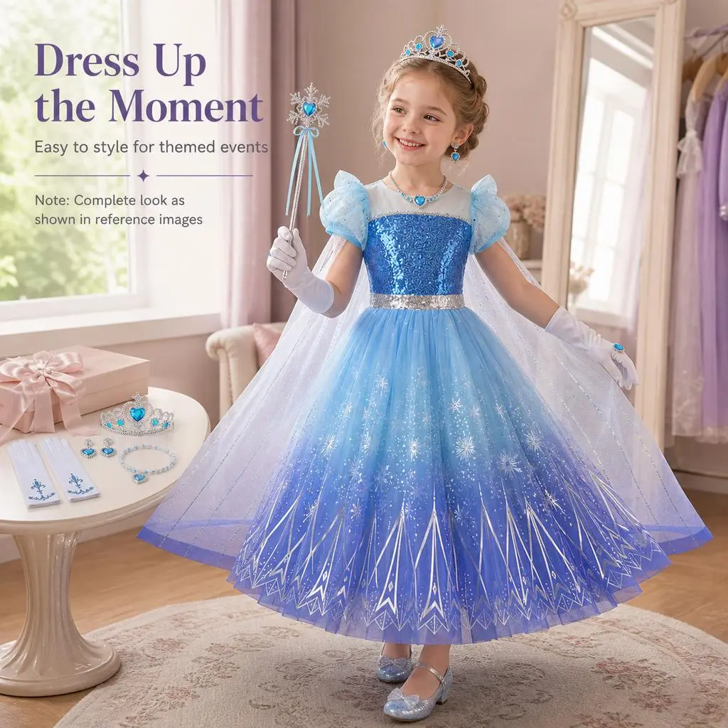 Girls' Princess Elsa-Style Short-Sleeve Tulle Lace Ball Gown with Elastic Fit Long Skirts & Full Accessory Set for Halloween Party, Cos-Party