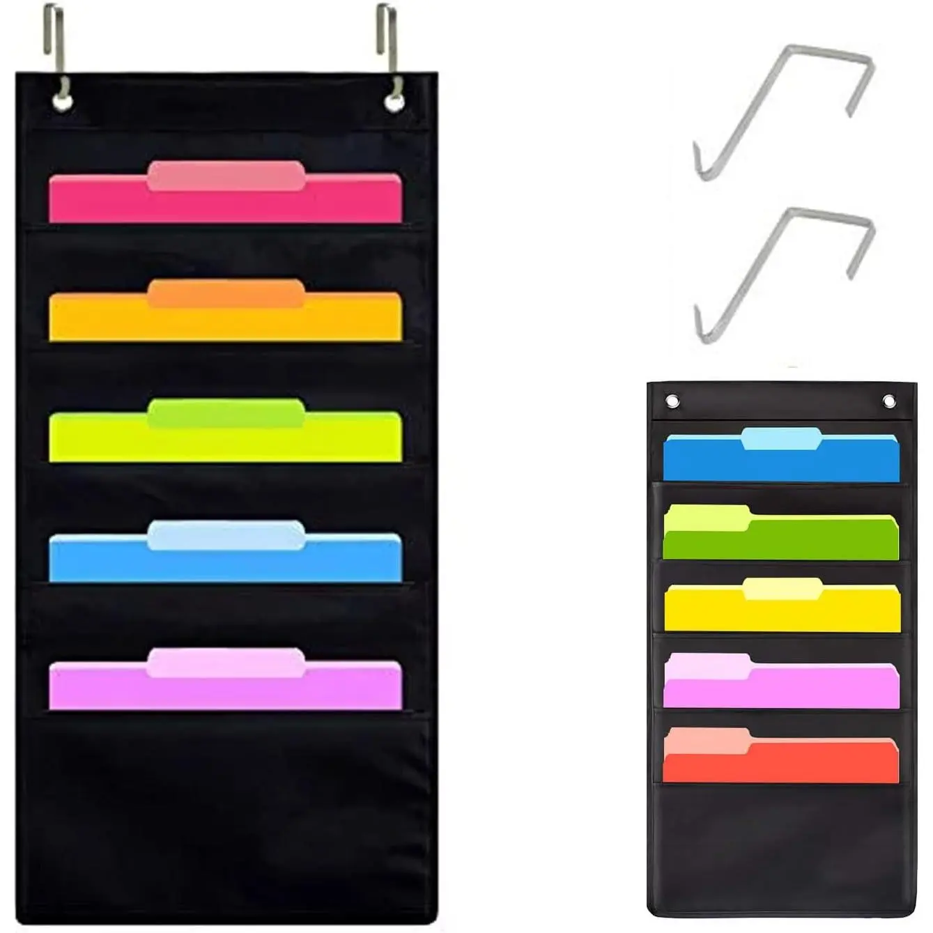 Wall File Organizer 5 Pocket with 2 Hooks (BLACK)