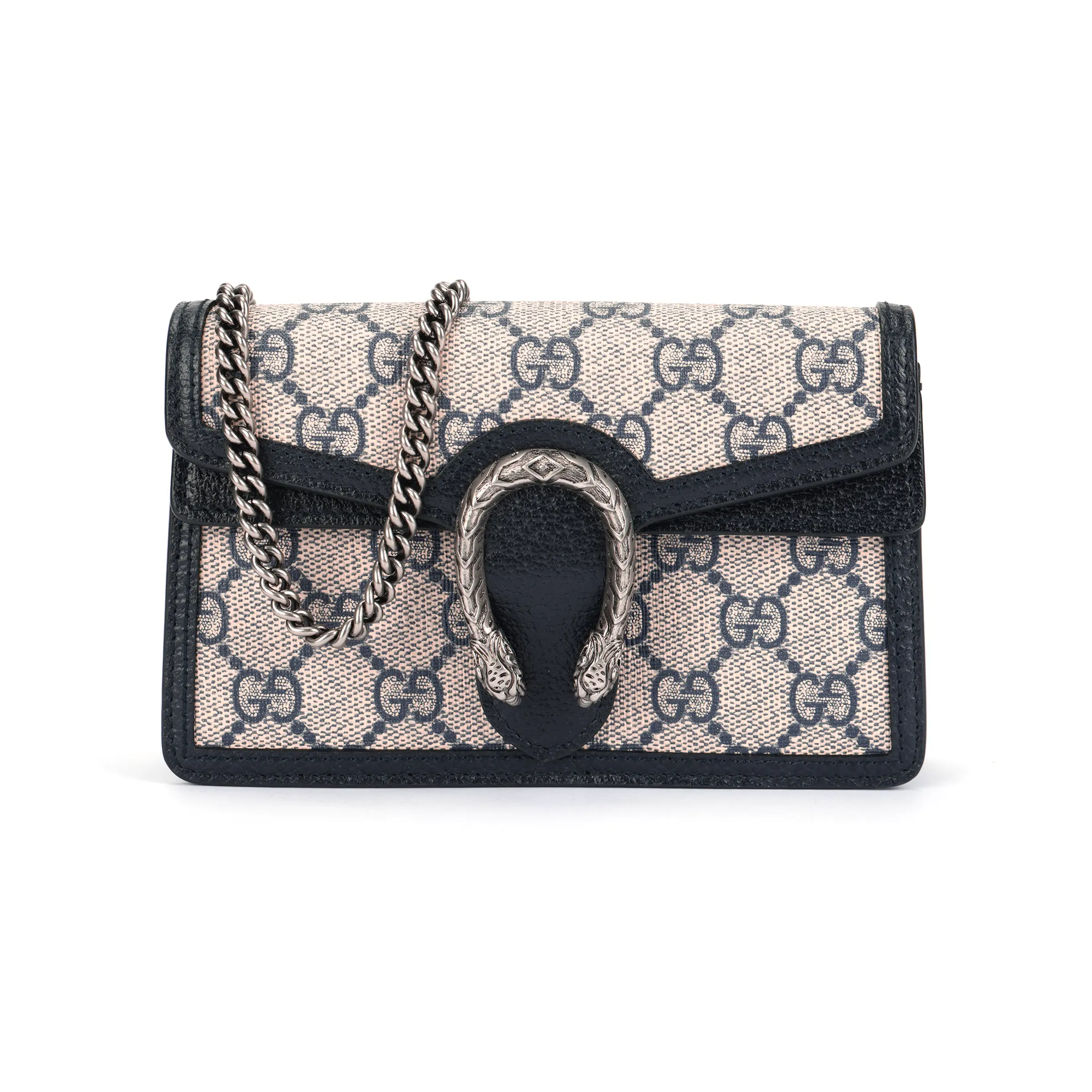 Gucci Dionysus Distressed Monogram Tiger-Head Clasp Chain Leather Crossbody Bag for Women, Ultra-Mini, Blue and Beige