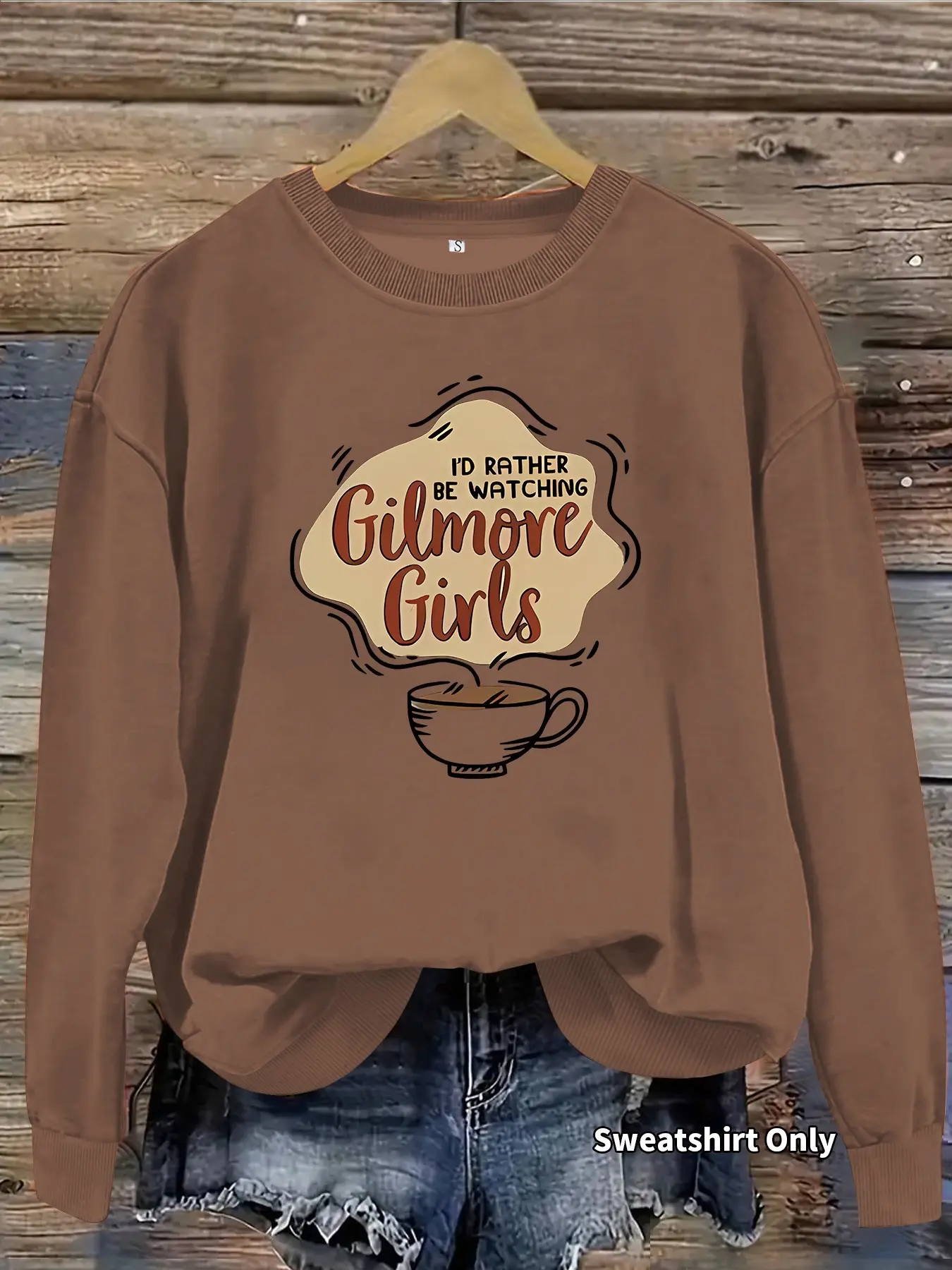 Women's Casual Loose Baggy Coffee Cup Graphic Sweatshirt, Soft Long Sleeve Round Neck, Fall & Winter Comfort, Durable Fabric