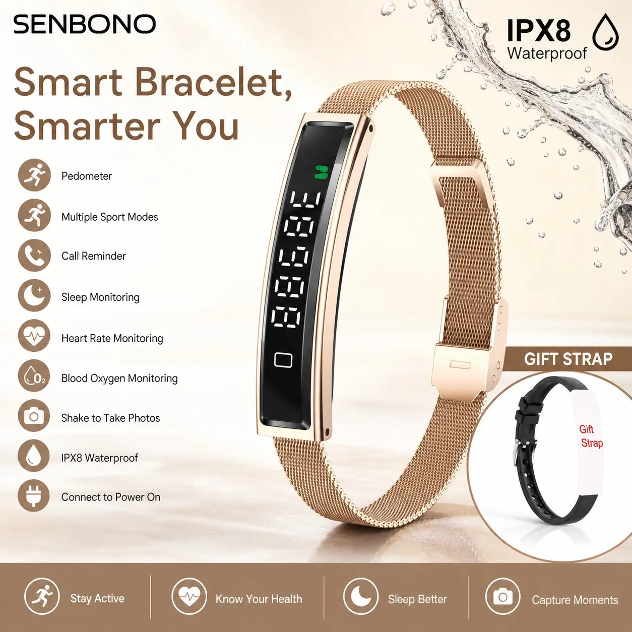 SENBONO Smart Band B3, Lightweight Health Tracker, Real-Time Heart Rate & Blood Oxygen Monitoring, Step Counter, Sleep Tracker, iOS/android Compatible