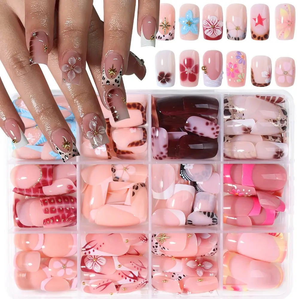 288pcs Short Square 3D Gel Nail Art Set, Mixed Colors, Easy Wear, Perfect for Summer, French Acrylic Press-On Nails, Women & Girls, Press On Sets