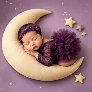 Newborn Photography Outfits Girl, Baby Girl Photoshoot Props, Lace Romper with Headband for 0-1 Months Newborn Clothing