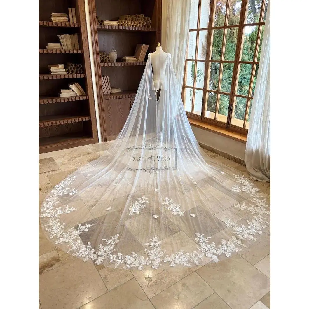 Elegant Bridal Wedding Cape with Pins V Back Cathedral Lace Shoulder Bridal Veil Customize Length And Style / Accept Bulk Orders