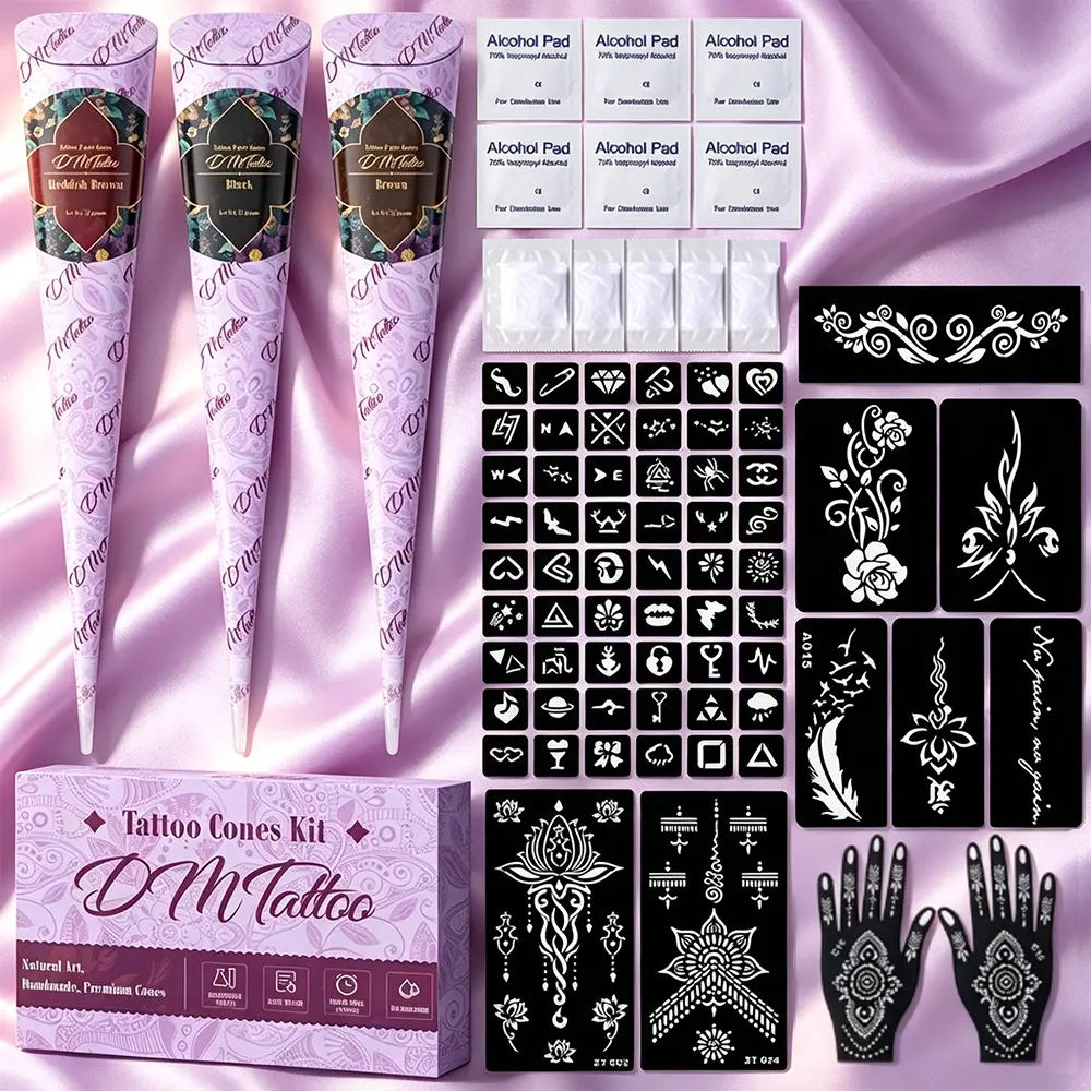 Henna Temporary Tattoo Cone Kit, 3 Shades Natural Plant Henna Paste Black Brown Reddish Brown, Complete Set With Multiple Hollow Stencils Alcohol Pads, Long Lasting Temporary Mandala Floral Body Art For Festival Vacation Gentle On Skin