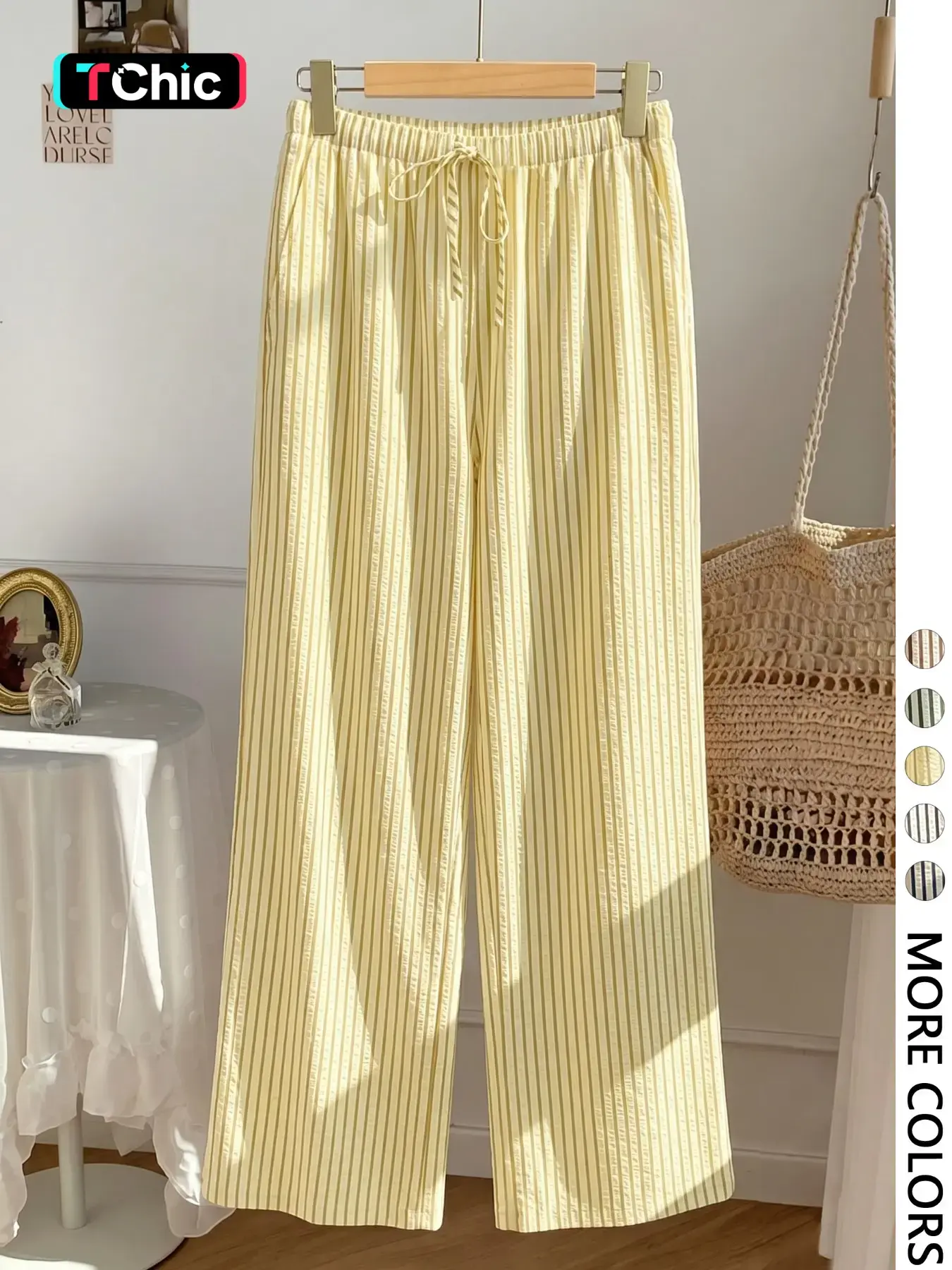 Women's Casual Striped Drawstring Waist Wide Leg Pants, Loose Fit Straight Leg Long Trousers, Multi-Color Options, All Seasons, Casual Commuter Pants