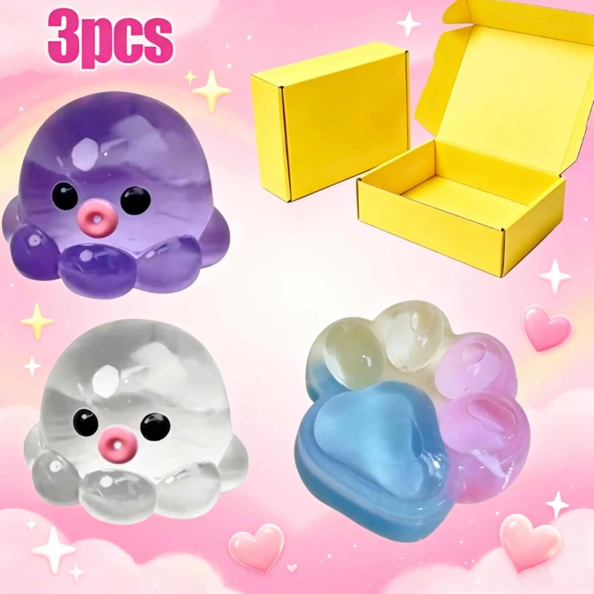 3-Piece Taba Cat Paw Squeeze Toys, Cute Sticky Squishy Toy, Soft Stress Relief Fidget Sensory Toys, Executive Desk Toys & Party Favors for Kids & Adults, Cute Animal Squishy, Squishy Fidgets