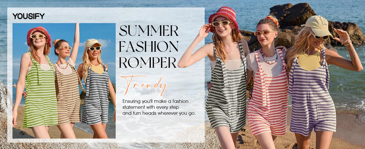Yousify Women's Striped Sleeveless Romper Loose Fit Tied Shorts Jumpsuit with Pockets for Summer & Fall Casual Wear Scoop Neck Adjustable Drawstring Wide Legs