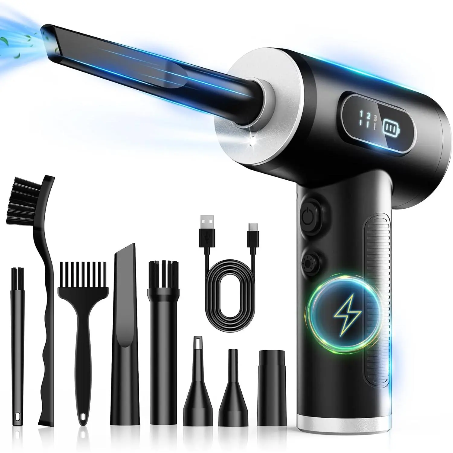 Compressed Air Duster-3 Gear Adjustable 100000RPM Electric Air Duster with LED Light, Rechargeable Cordless Air Blower for Keyboard Electric Devices Cleaning.Replaces Compressed Air Cans (Black)