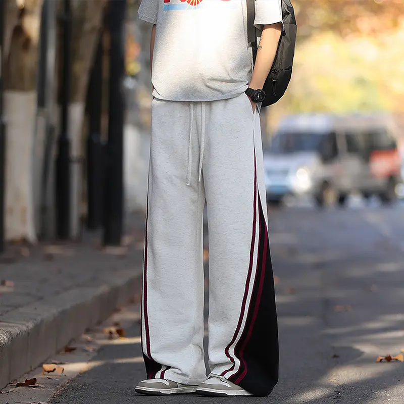 Men's 320G Heavyweight Cotton Sweatpants 2026 Fall Fashion Color Block Striped Spliced Versatile Loose Plus Size Casual Pants