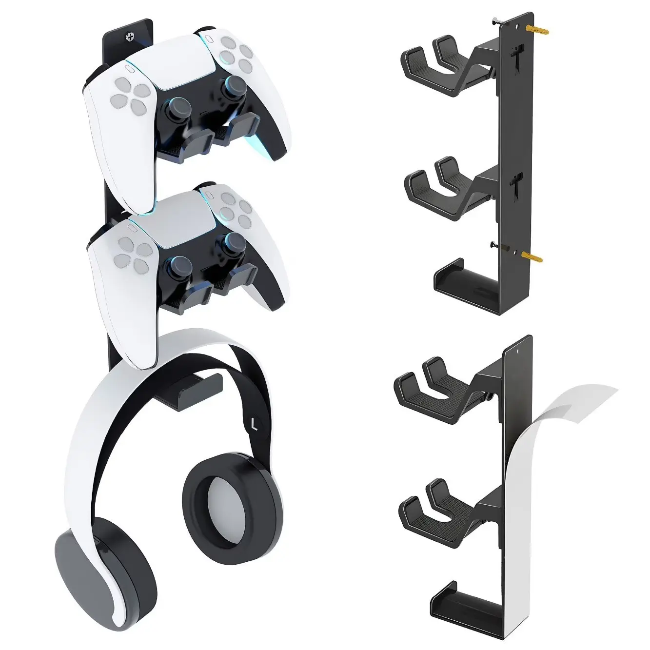 Wall-Mounted Metal Game Controller and Headset Holder, Holds 2 Controllers and 1 Headset, No-Drill Organizer Compatible with Xbox Series X/S, PS5, PS4, PS3 and Switch