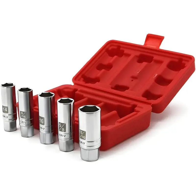 5-Piece Magnetic Spark Plug Socket Set, 3/8-Inch Drive CR-V Thin Wall Sockets, 14mm, 16mm, 9/16, 5/8 & 13/16 Inch for Auto Repair