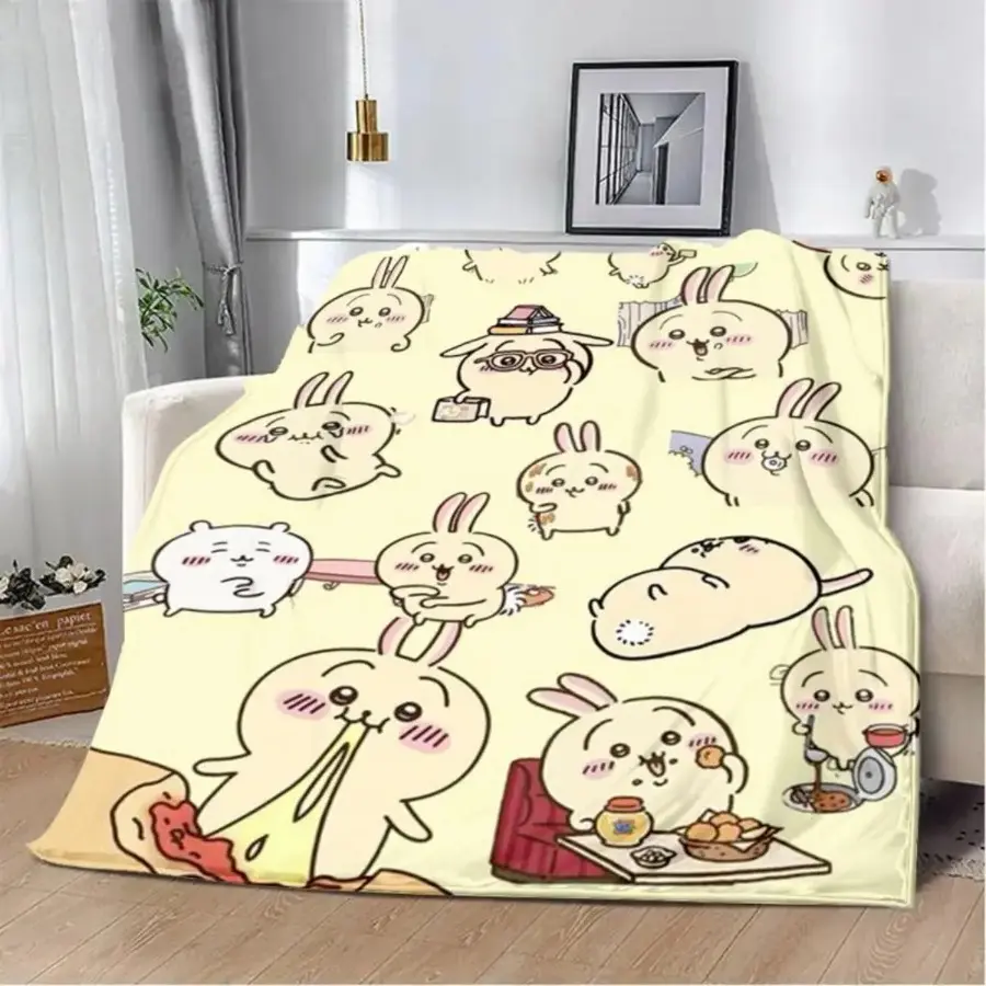 Chiikawa Cartoon Flannel Throw Blanket, Cute Soft Plush Blanket for Bed Sofa Couch, Bedroom Decor, Anime Fan Birthday Gift