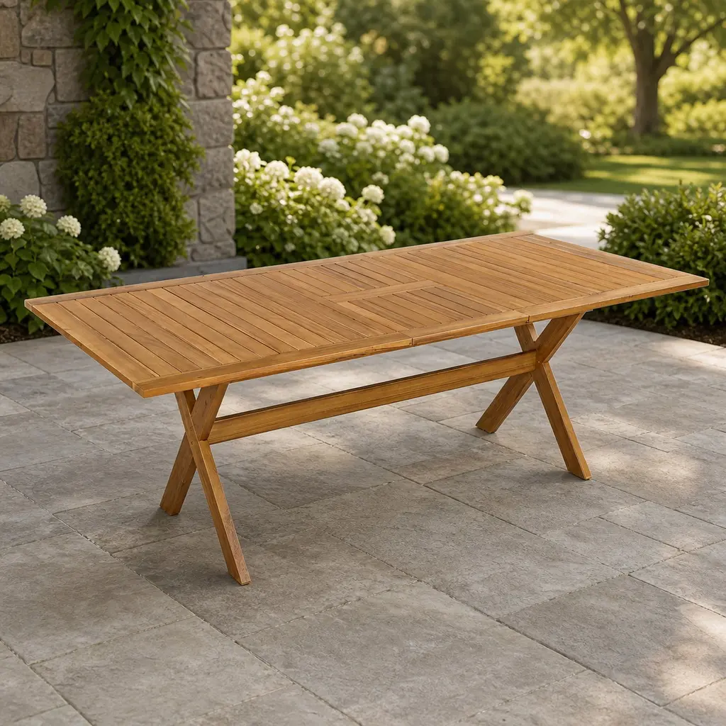ARCH Acacia Wood Outdoor Dining Table for 4-6 People, Expandable Telescopic Patio Table 60-76 Inch, Teak Finish, Weather-Resistant Garden Furniture with X-Shaped Legs, Ideal for Backyard Gatherings, Teak Color Options, Acacia Wood Material