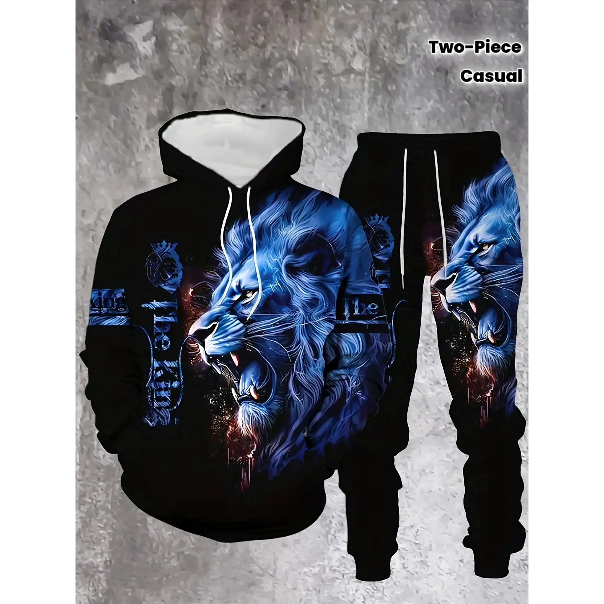 Men's 2-Piece Polyester Sports Sweat Suit, Casual Animal Pattern Long-Sleeve Hoodie & Elastic Waist Drawstring Jogger Set, Colorful Gym Workout Outfit, Colorful Two-Piece Men's Sports Sweat Suit