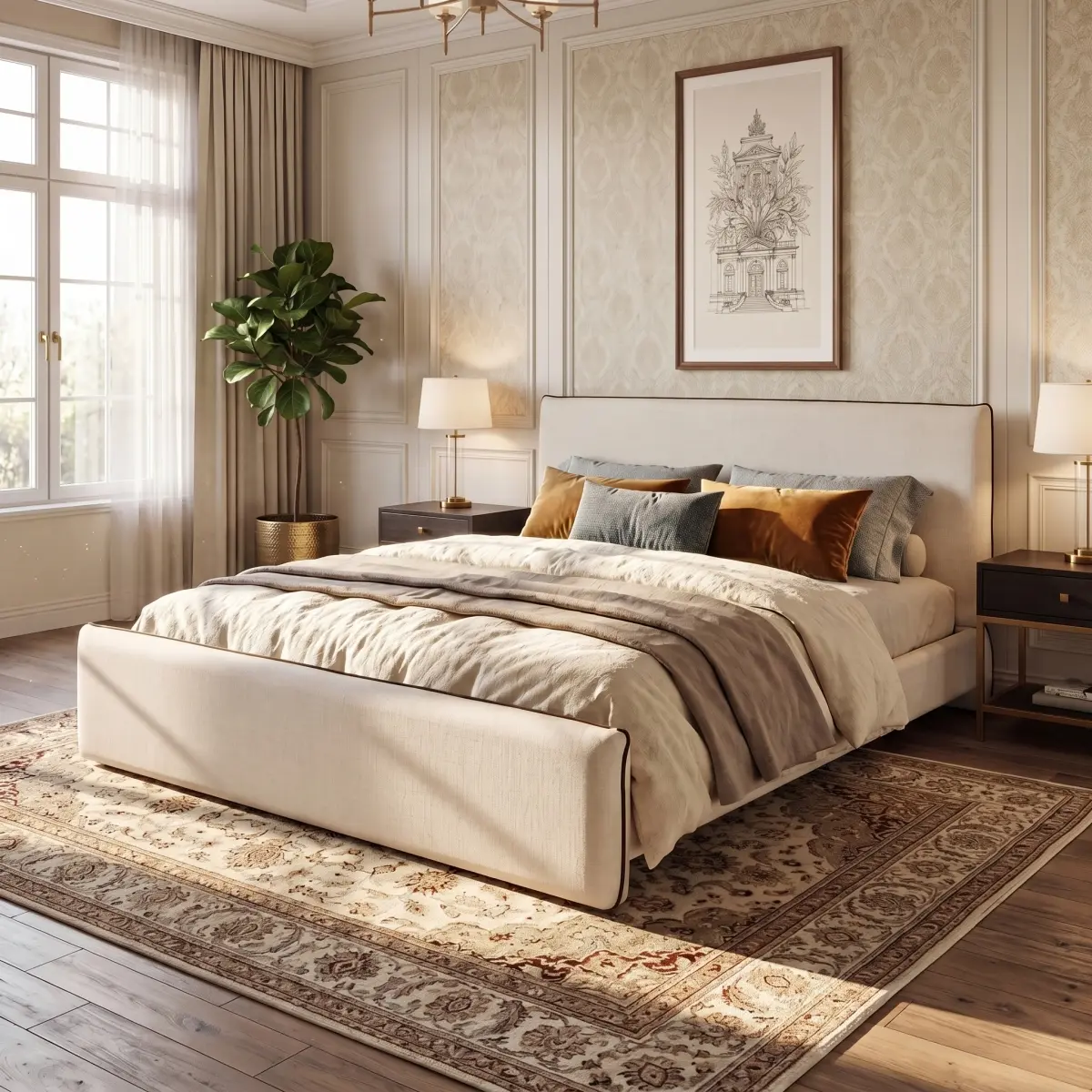 California King Size Upholstered Platform Bed With Linen Fabric And Thick Headboard, Beige