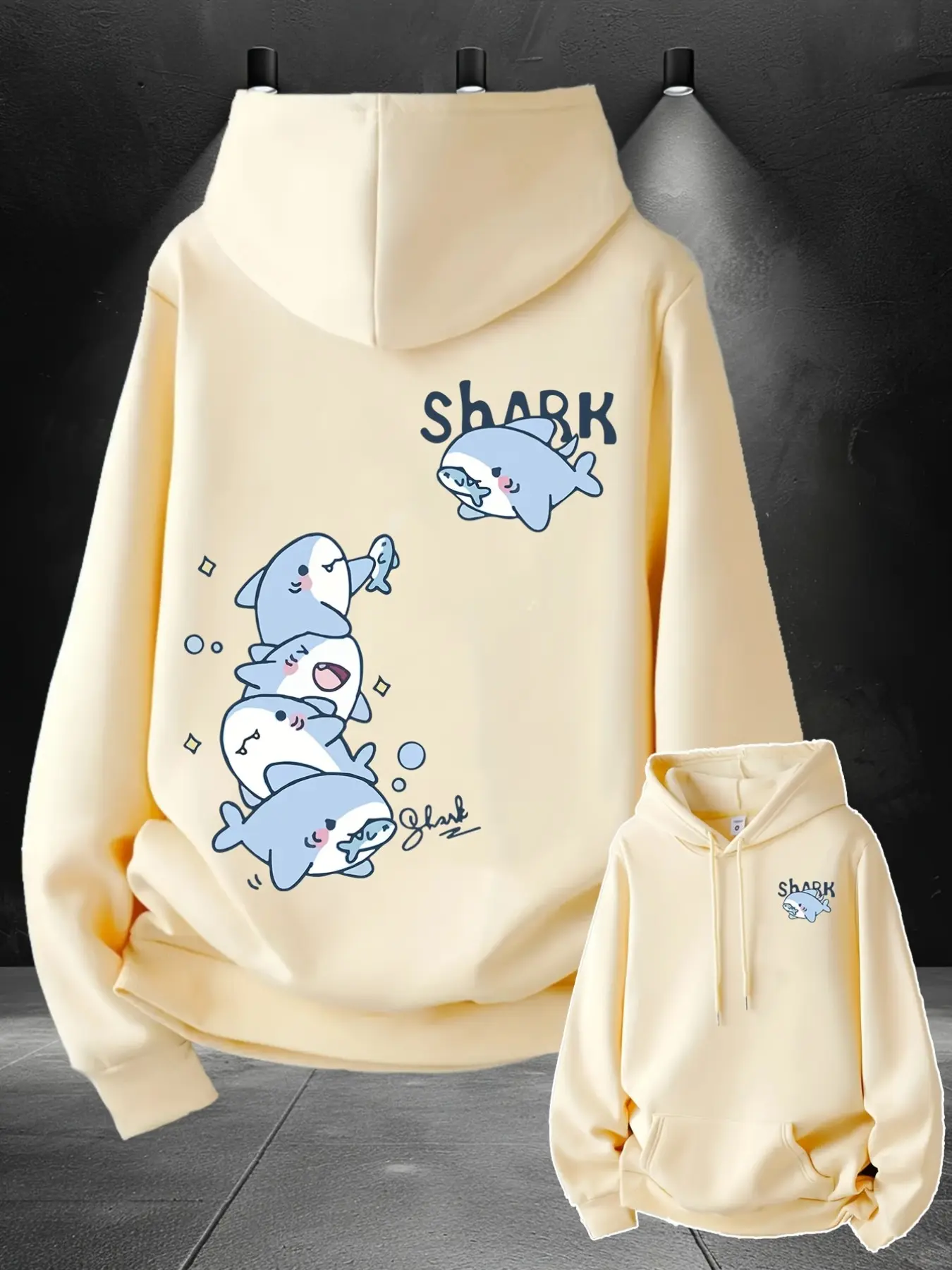 Men's Fall Winter Cartoon Shark Print Hoodie, Casual Fitted H-Type, 100% Polyester, Kangaroo Pocket, Ages 18-40