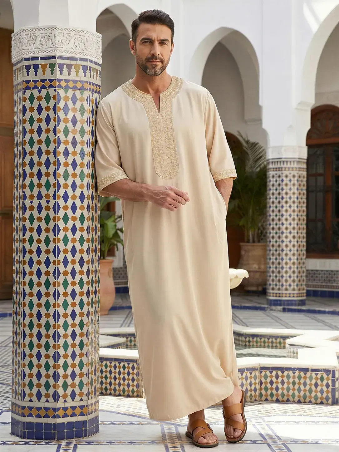 Moroccan Traditional Clothing, Cool Daily Wear Men's Apricot V-Neck Embroidered Robe, Eid Al Adha Festival Attire, Perfect Gift