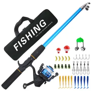 Blue Telescopic Lure Fishing Rod and Spool Wheel Set, Sporty Blue Style, Complete Fake Bait Hook Kit, Beginner Outdoor Fishing Gear