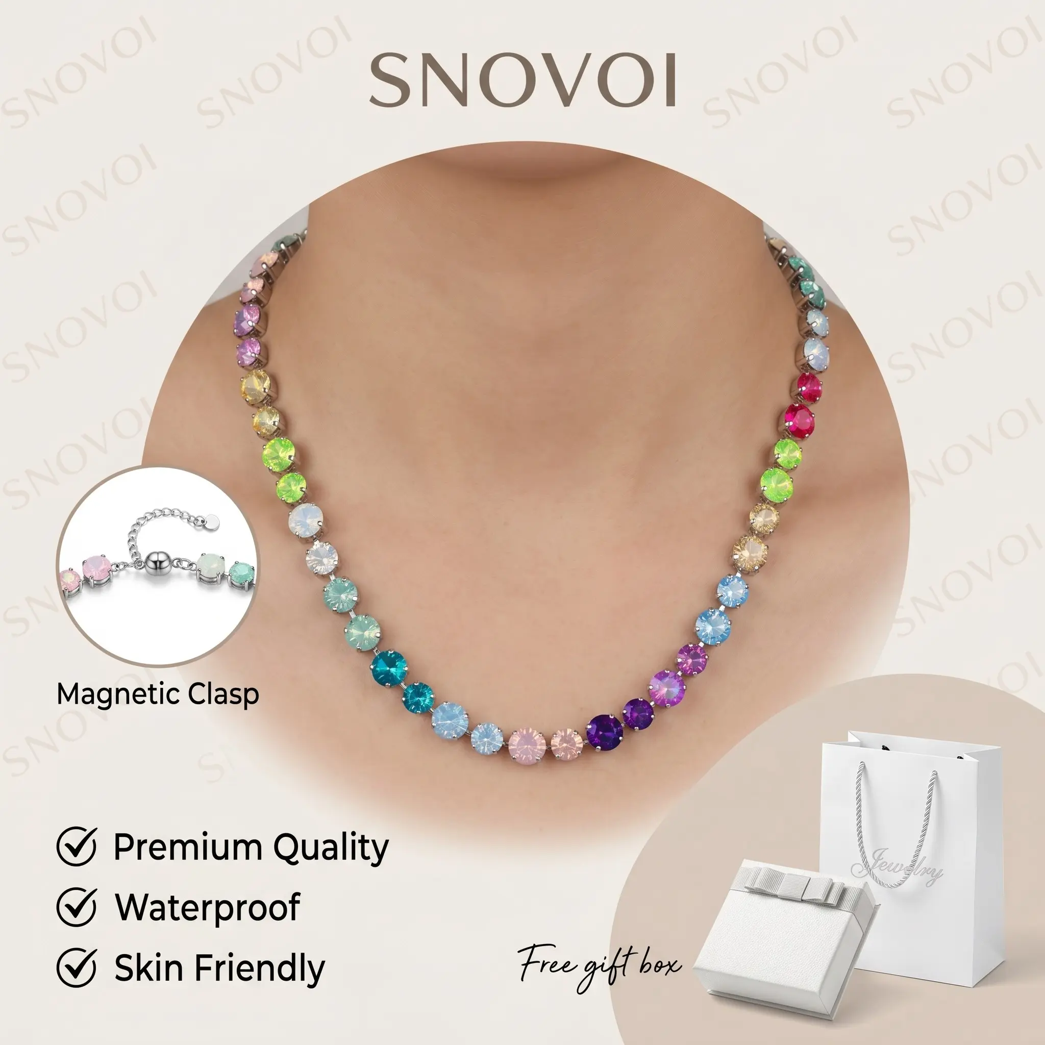 Rainbow Oval Rhinestone Choker Necklace, Y2K Bohemian Luxury Style, Adjustable Slide Clasp & Tarnish Resistant, Gift Jewelry for Birthday Gift Sets, Bridesmaid Party Favors & BFF Bridal Shower Gifts
