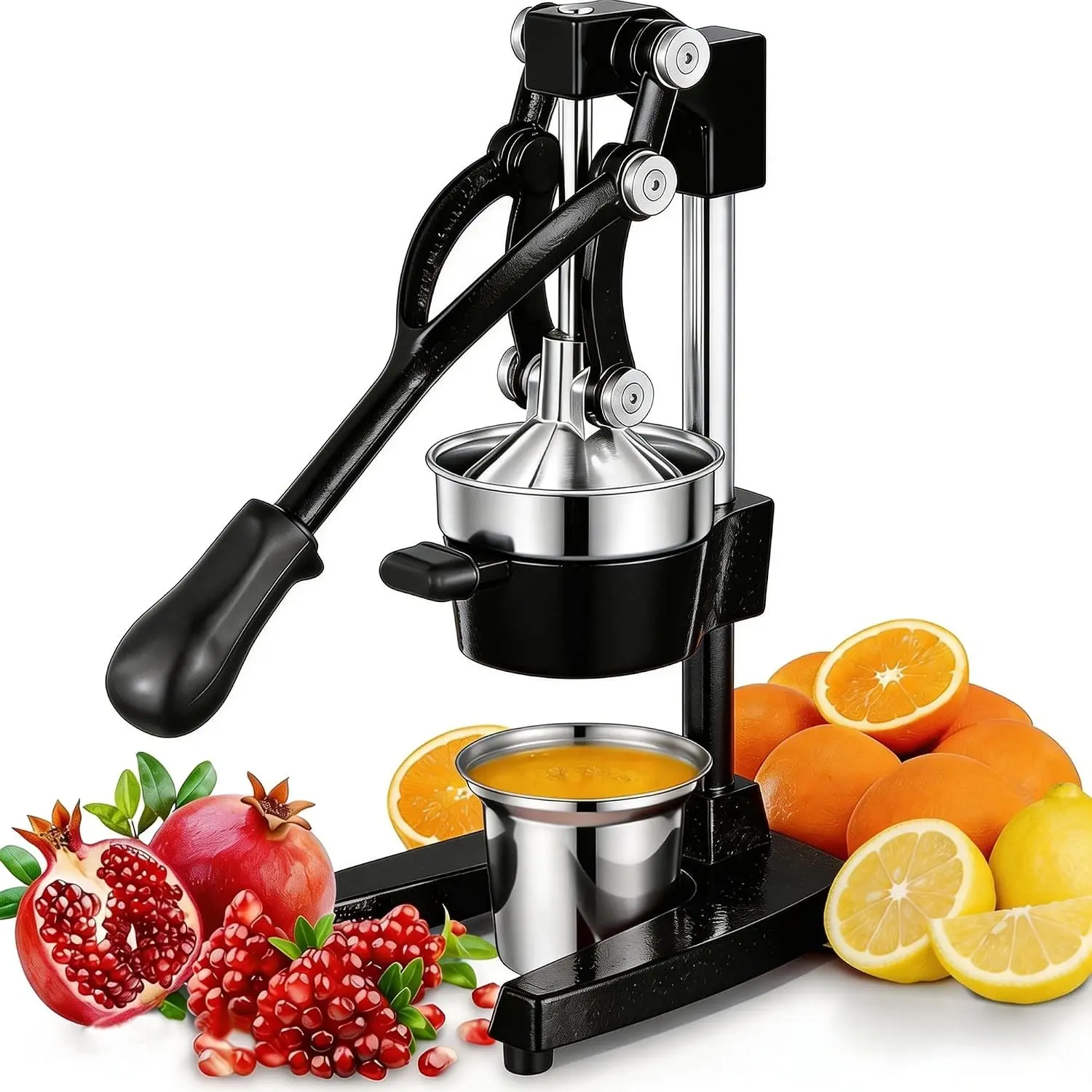 Commercial Heavy Duty Cast Iron Hand Press Manual Orange Citrus Lemon Lime Grapefruit Pomegranate Fruit Juice Squeezer Machine with Stainless Steel Cup Black