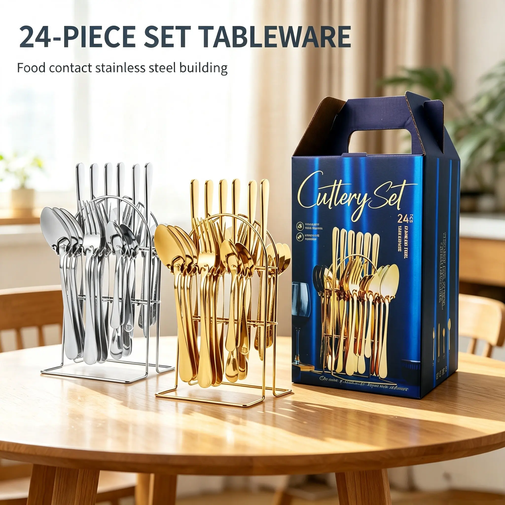 24-Piece Stainless Steel Cutlery Set, Elegant Silver Color with Storage Rack, Ideal Gift for 6 People, Perfect for Parties and Gifts