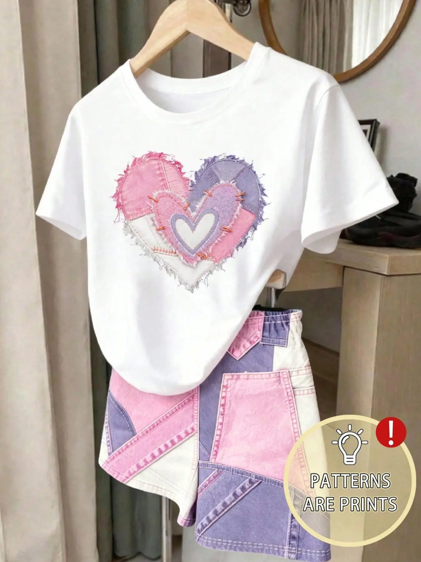 Girls' Summer Short Sleeve T-Shirt, Heart Print Round Neck, Loose Fit, Breathable, Casual Style, Suitable for 3-10 Years Old