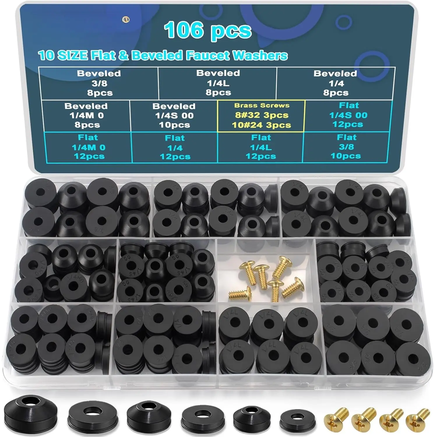 106 count 10 Size Faucet Washers  Kit with Brass Bibb Screws  Flat and Beveled Rubber Washer for DIY Outdoor Faucets Stem Leak Worn Out Seal Repair