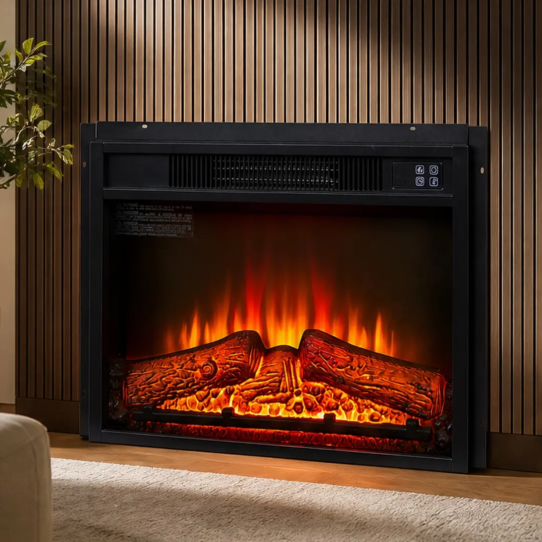 ARCH 23-Inch Electric Fireplace Insert 1400W 120V with Remote Control, Ultra-Thin Heater, Realistic Flame, Log Set, Tempered Glass, Black, for Living Room Bedroom Home Decor, 400 Sq Ft Heating, 62-82°F Adjustable, 3 Flame Intensities, Timer 0.5-6H
