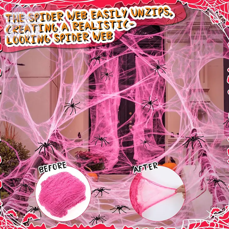 Pink Stretchy Spider Web Cotton Halloween Decor with Fake Spiders Pink Theme Party Haunted House Yard Wall Horror Scene Layout Prop
