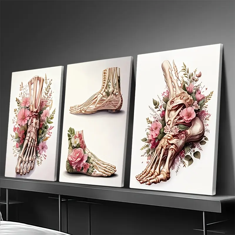 2D flat,3-piece podiatrist office decor, pink floral print, foot anatomy art, podiatry art, medical wall art, orthopedic gift, suitable for living room, bedroom