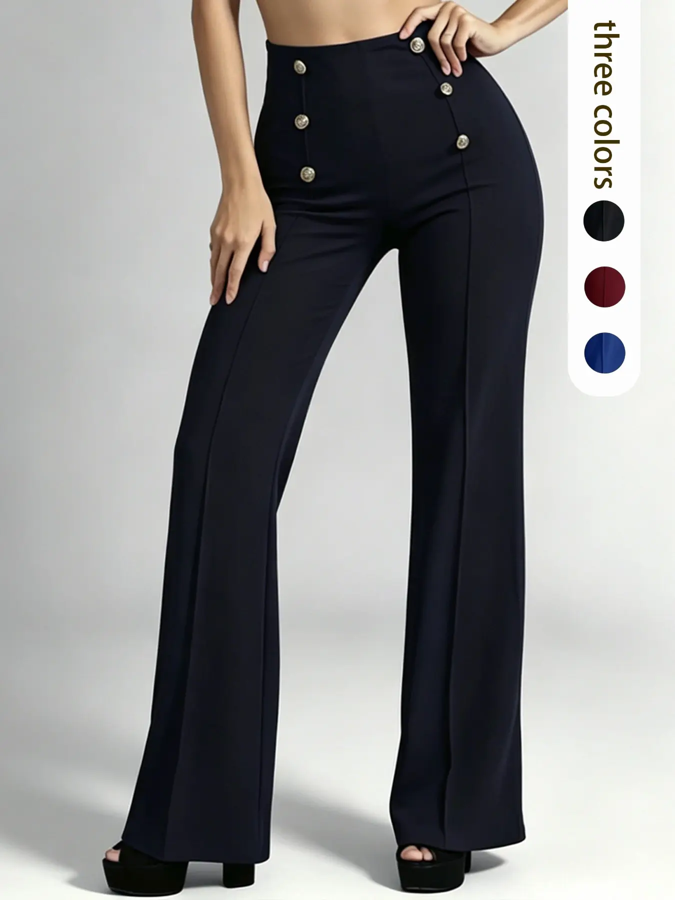Women's Solid Color Street Style Button High Waist Slim Fit Flared Pants, Casual Trousers, High Elasticity, Casual Comfort, Ideal for Daily Wear, Vacation, Concerts