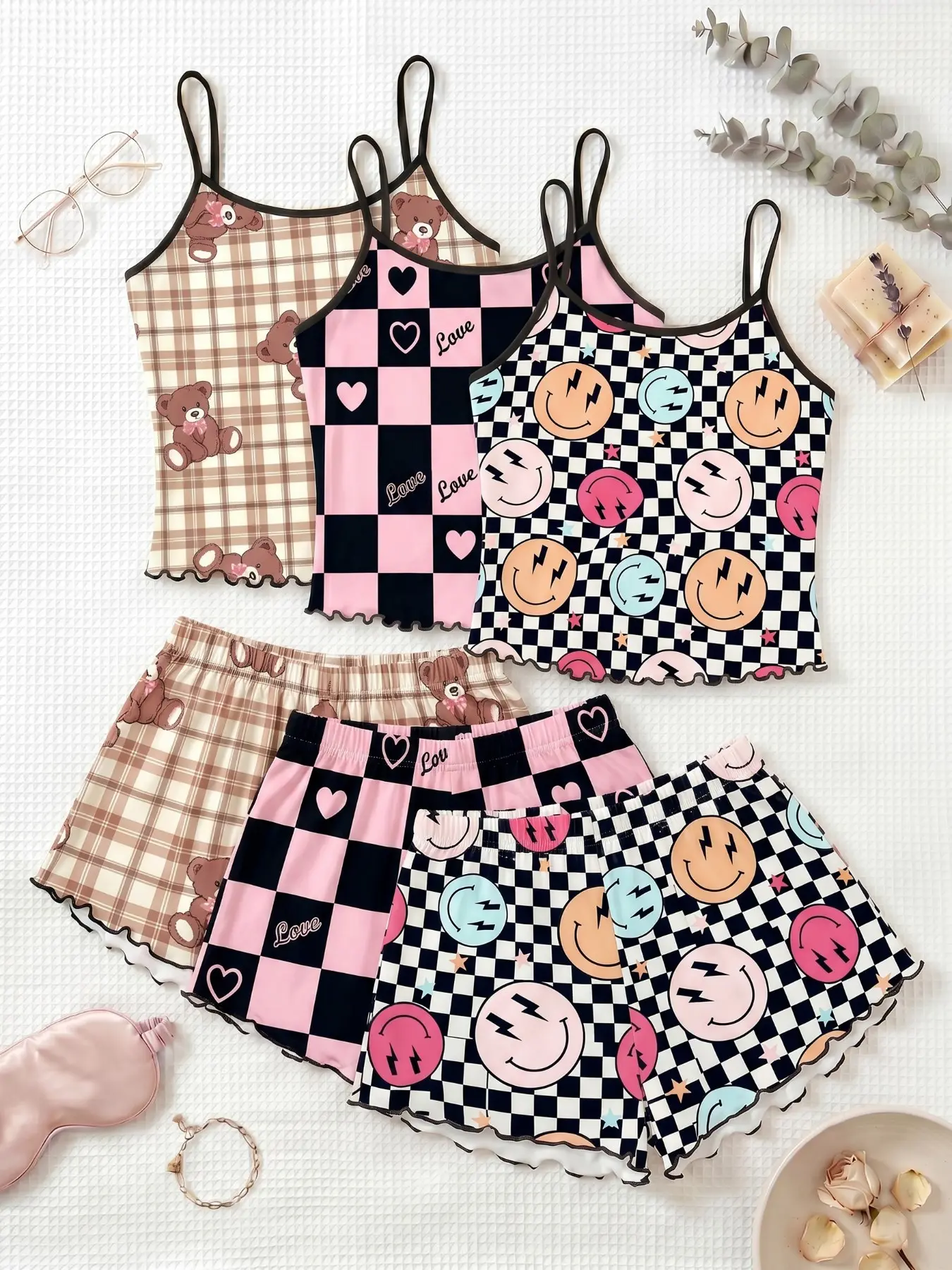 3-Piece Pajama Set, Checkered Smile Heart Print, Sleeveless, Slim-Fit, Breathable, Sweet Cool Style, Home Sleepwear for All Seasons, Loungewear Pjs