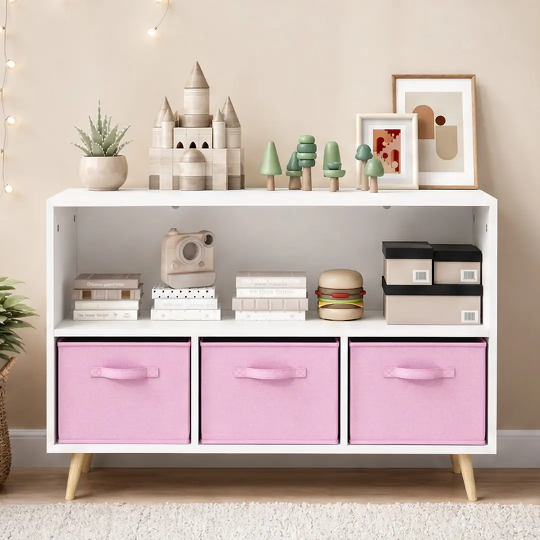 ARCH Kids Bookcase with Collapsible Fabric Drawers, Children's Book Display Toy Storage Cabinet Organizer, MDF, Multiple Color Options, Safety Wall Anchor, for Bedroom Playroom Living Room, White+Blue/White+Green/White+Pink/White+Purple Color Options